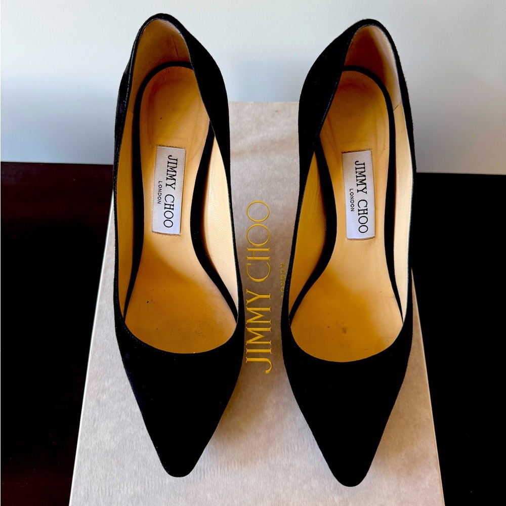 Black suede Jimmy Choo “Romy 85” pumps. Size 37.5